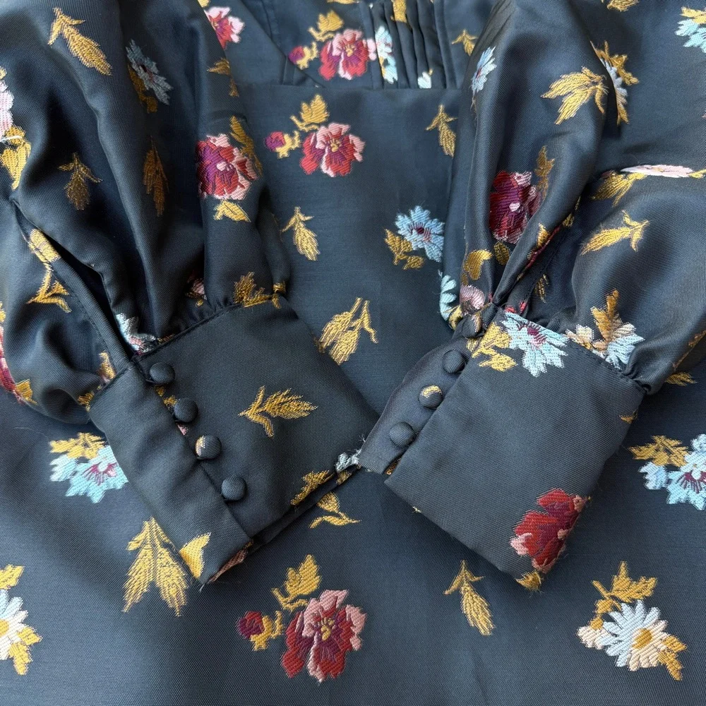 Sculpted V Neck Aline Mini Black Floral Dress Maeve by Anthropologie Size 4 NEW - Picture 12 of 13